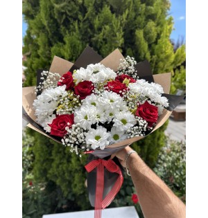 İthal Beyaz Kırmızı Gül ve Papatya