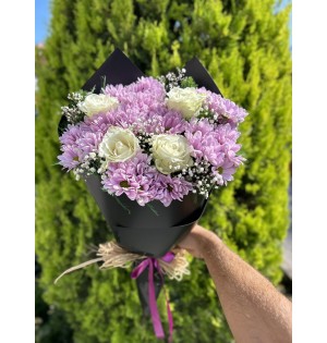 İthal Beyaz Gül Lila Papatya Buket